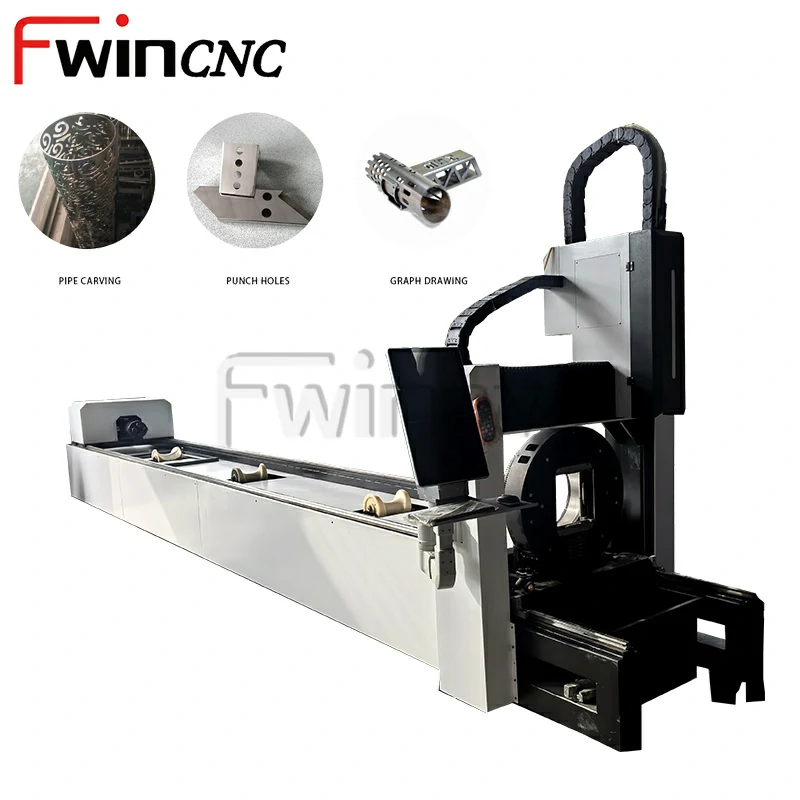 Full view of industrial fiber laser tube cutter handling long metal pipes and profiles